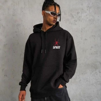 Erkek 3 İplik Pamuklu Kapüşonlu Baskılı Cepli Oversize Sweatshirt Hoodie - Siyah Erkek 3 İplik Pamuklu Kapüşonlu Baskılı Cepli Oversize Sweatshirt Hoodie - Siyah