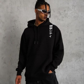 Erkek 3 İplik Pamuklu Kapüşonlu Baskılı Cepli Oversize Sweatshirt Hoodie - Siyah Erkek 3 İplik Pamuklu Kapüşonlu Baskılı Cepli Oversize Sweatshirt Hoodie - Siyah