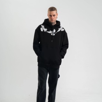 Erkek 3 İplik Pamuklu Kapüşonlu Baskılı Cepli Oversize Sweatshirt Hoodie - Siyah Erkek 3 İplik Pamuklu Kapüşonlu Baskılı Cepli Oversize Sweatshirt Hoodie - Siyah