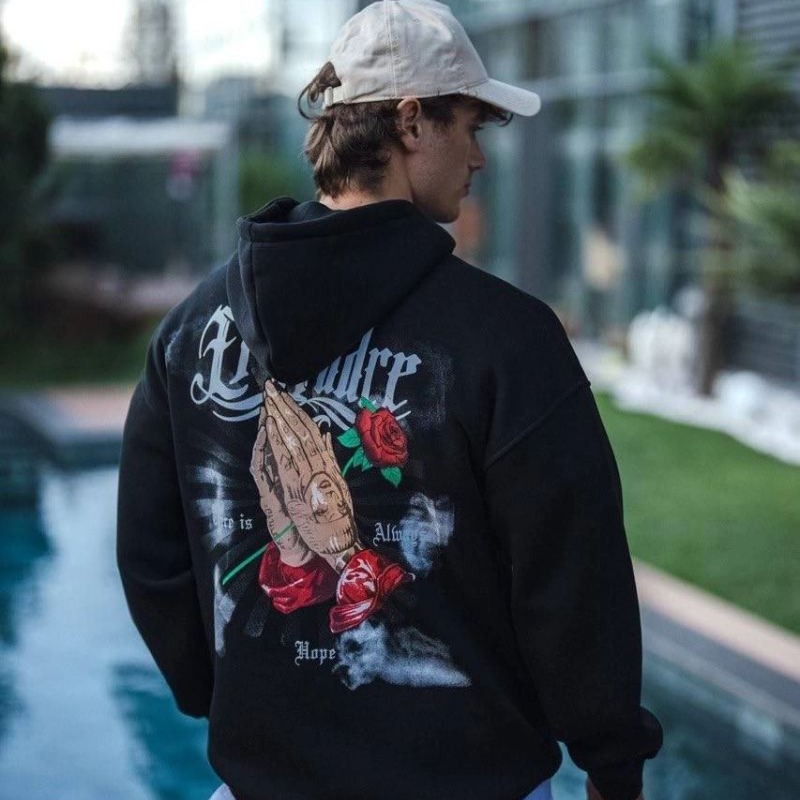 Erkek 3 İplik Pamuklu Kapüşonlu Baskılı Cepli Oversize Sweatshirt Hoodie - Siyah