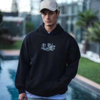 Erkek 3 İplik Pamuklu Kapüşonlu Baskılı Cepli Oversize Sweatshirt Hoodie - Siyah