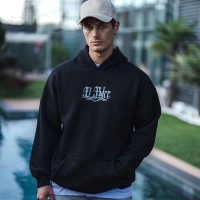 Erkek 3 İplik Pamuklu Kapüşonlu Baskılı Cepli Oversize Sweatshirt Hoodie - Siyah