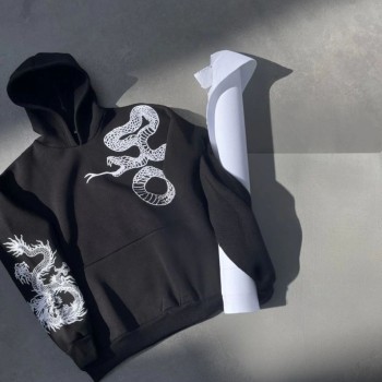 Erkek 3 İplik Pamuklu Kapüşonlu Baskılı Cepli Oversize Sweatshirt Hoodie - Siyah