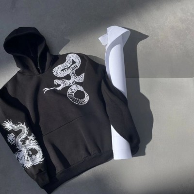 Erkek 3 İplik Pamuklu Kapüşonlu Baskılı Cepli Oversize Sweatshirt Hoodie - Siyah