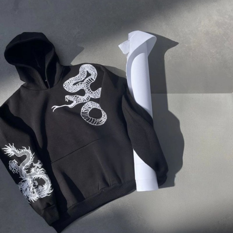 Erkek 3 İplik Pamuklu Kapüşonlu Baskılı Cepli Oversize Sweatshirt Hoodie - Siyah