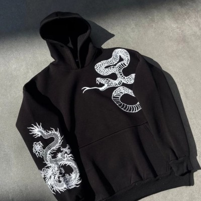 Erkek 3 İplik Pamuklu Kapüşonlu Baskılı Cepli Oversize Sweatshirt Hoodie - Siyah