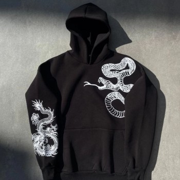 Erkek 3 İplik Pamuklu Kapüşonlu Baskılı Cepli Oversize Sweatshirt Hoodie - Siyah