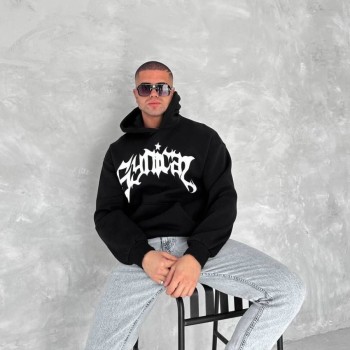Erkek 3 İplik Pamuklu Kapüşonlu Baskılı Cepli Oversize Sweatshirt Hoodie - Siyah