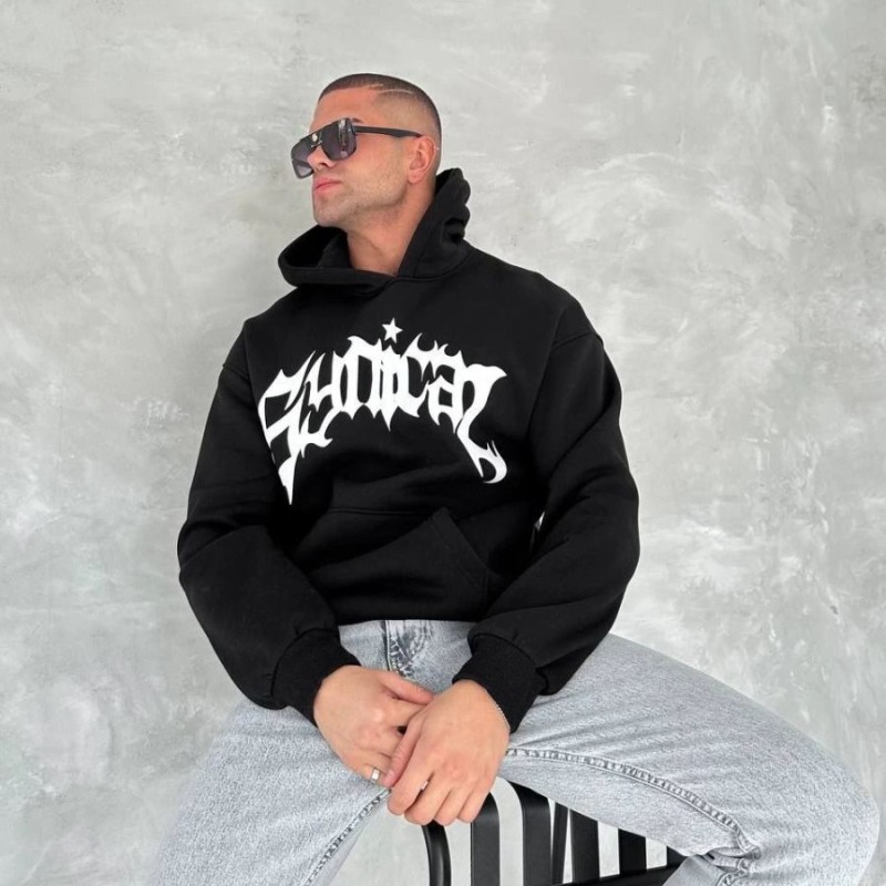 Erkek 3 İplik Pamuklu Kapüşonlu Baskılı Cepli Oversize Sweatshirt Hoodie - Siyah