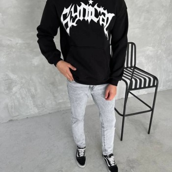 Erkek 3 İplik Pamuklu Kapüşonlu Baskılı Cepli Oversize Sweatshirt Hoodie - Siyah