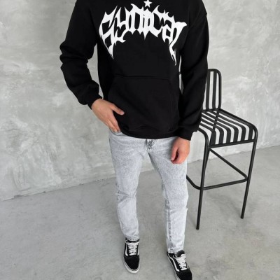 Erkek 3 İplik Pamuklu Kapüşonlu Baskılı Cepli Oversize Sweatshirt Hoodie - Siyah