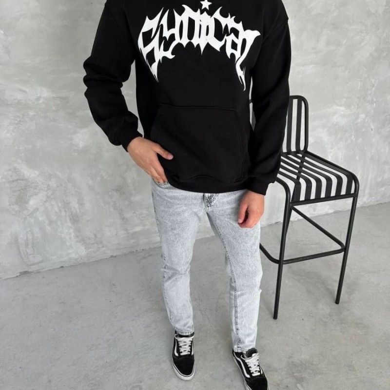 Erkek 3 İplik Pamuklu Kapüşonlu Baskılı Cepli Oversize Sweatshirt Hoodie - Siyah