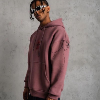Erkek 3 İplik Pamuklu Kapüşonlu Baskılı Cepli Sweatshirt Hoodie - Gül Kurusu Erkek 3 İplik Pamuklu Kapüşonlu Baskılı Cepli Sweatshirt Hoodie - Gül Kurusu