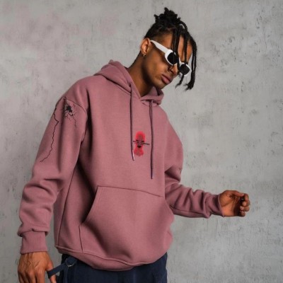 Erkek 3 İplik Pamuklu Kapüşonlu Baskılı Cepli Sweatshirt Hoodie - Gül Kurusu Erkek 3 İplik Pamuklu Kapüşonlu Baskılı Cepli Sweatshirt Hoodie - Gül Kurusu
