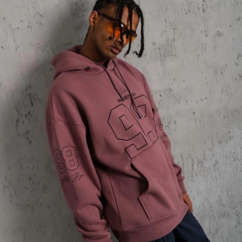 Erkek 3 İplik Pamuklu Kapüşonlu Baskılı Cepli Sweatshirt Hoodie - Gül Kurusu Erkek 3 İplik Pamuklu Kapüşonlu Baskılı Cepli Sweatshirt Hoodie - Gül Kurusu