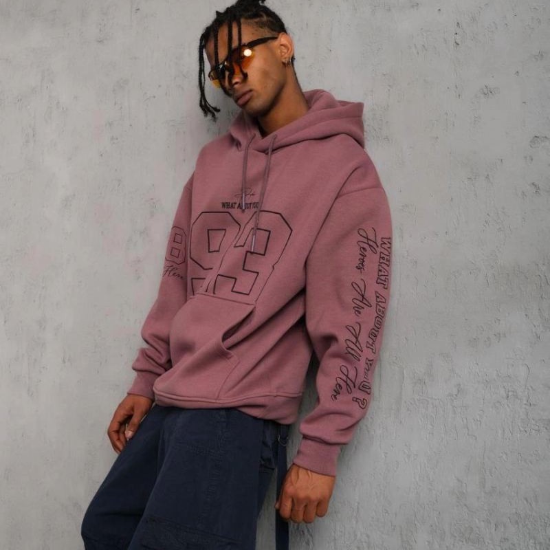 Erkek 3 İplik Pamuklu Kapüşonlu Baskılı Cepli Sweatshirt Hoodie - Gül Kurusu Erkek 3 İplik Pamuklu Kapüşonlu Baskılı Cepli Sweatshirt Hoodie - Gül Kurusu