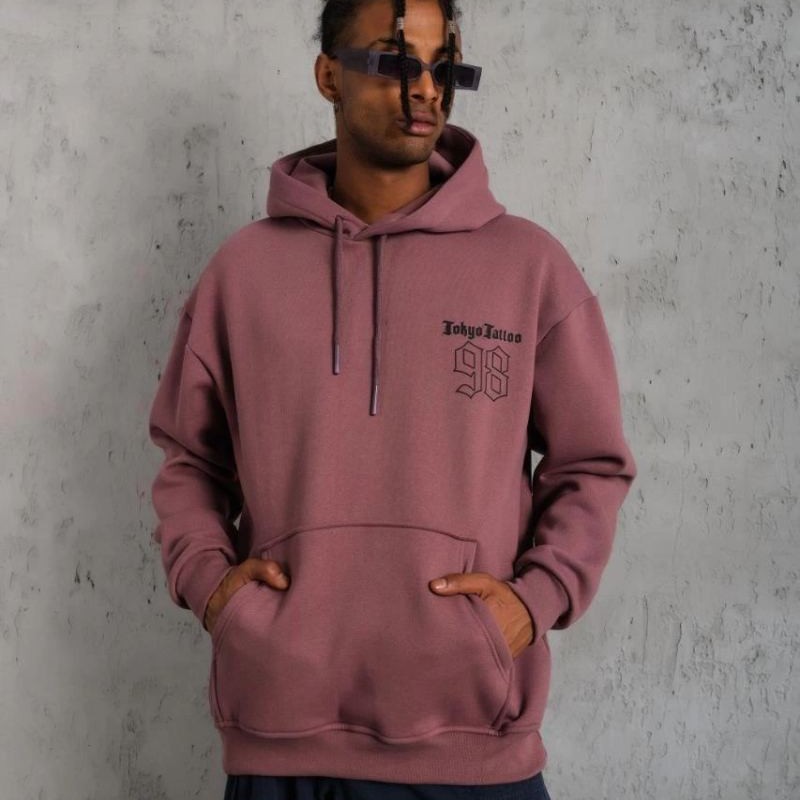 Erkek 3 İplik Pamuklu Kapüşonlu Baskılı Cepli Sweatshirt Hoodie - Gül Kurusu