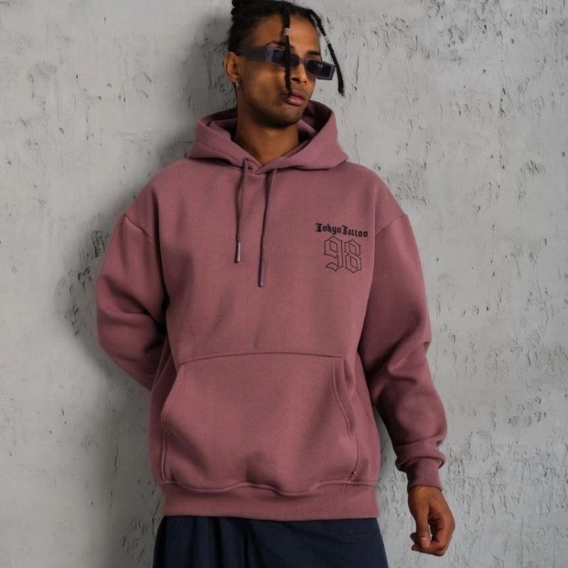 Erkek 3 İplik Pamuklu Kapüşonlu Baskılı Cepli Sweatshirt Hoodie - Gül Kurusu
