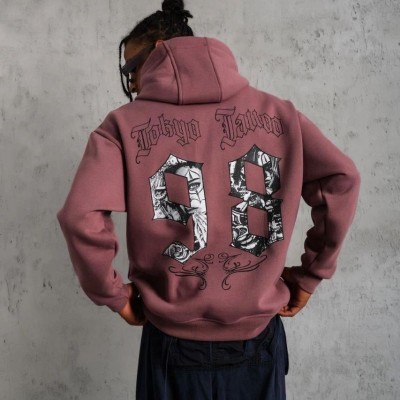 Erkek 3 İplik Pamuklu Kapüşonlu Baskılı Cepli Sweatshirt Hoodie - Gül Kurusu