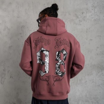Erkek 3 İplik Pamuklu Kapüşonlu Baskılı Cepli Sweatshirt Hoodie - Gül Kurusu