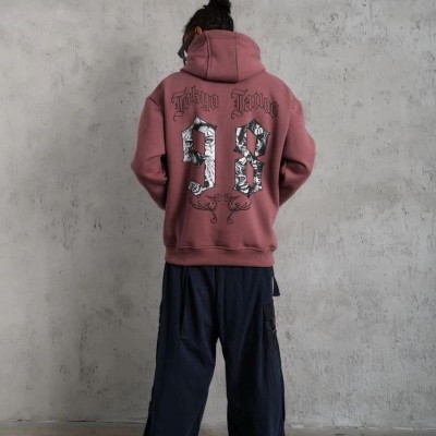 Erkek 3 İplik Pamuklu Kapüşonlu Baskılı Cepli Sweatshirt Hoodie - Gül Kurusu
