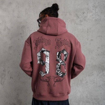 Erkek 3 İplik Pamuklu Kapüşonlu Baskılı Cepli Sweatshirt Hoodie - Gül Kurusu