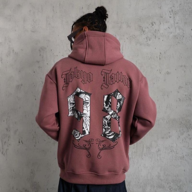 Erkek 3 İplik Pamuklu Kapüşonlu Baskılı Cepli Sweatshirt Hoodie - Gül Kurusu