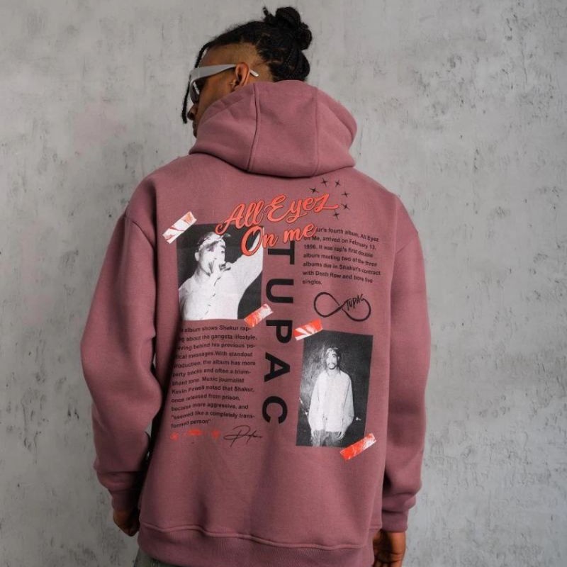Erkek 3 İplik Pamuklu Kapüşonlu Baskılı Cepli Sweatshirt Hoodie - Gül Kurusu