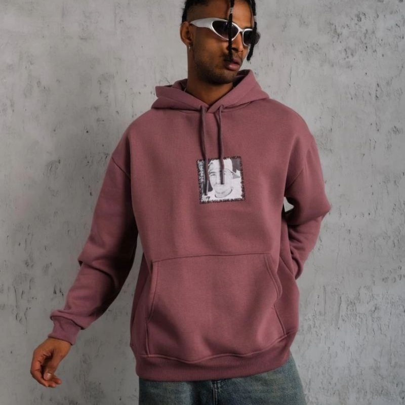 Erkek 3 İplik Pamuklu Kapüşonlu Baskılı Cepli Sweatshirt Hoodie - Gül Kurusu