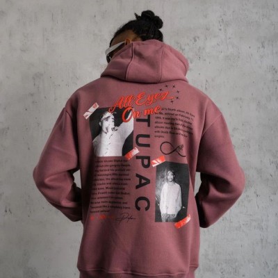Erkek 3 İplik Pamuklu Kapüşonlu Baskılı Cepli Sweatshirt Hoodie - Gül Kurusu