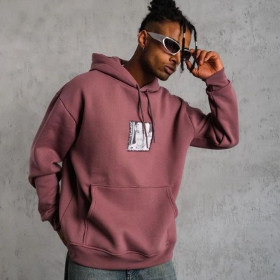 Erkek 3 İplik Pamuklu Kapüşonlu Baskılı Cepli Sweatshirt Hoodie - Gül Kurusu