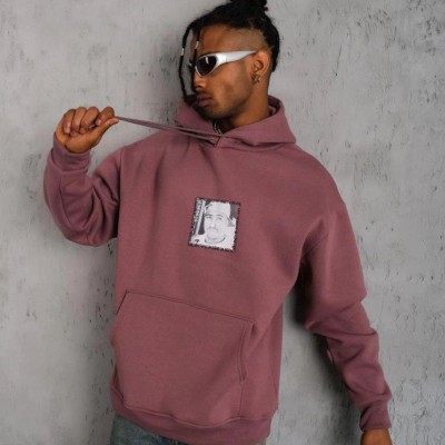 Erkek 3 İplik Pamuklu Kapüşonlu Baskılı Cepli Sweatshirt Hoodie - Gül Kurusu