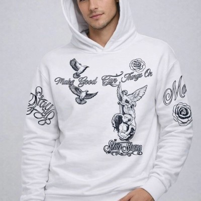 Erkek 3 İplik Pamuklu Kapüşonlu Baskılı SweatShirt hoodie - Beyaz Erkek 3 İplik Pamuklu Kapüşonlu Baskılı SweatShirt hoodie - Beyaz