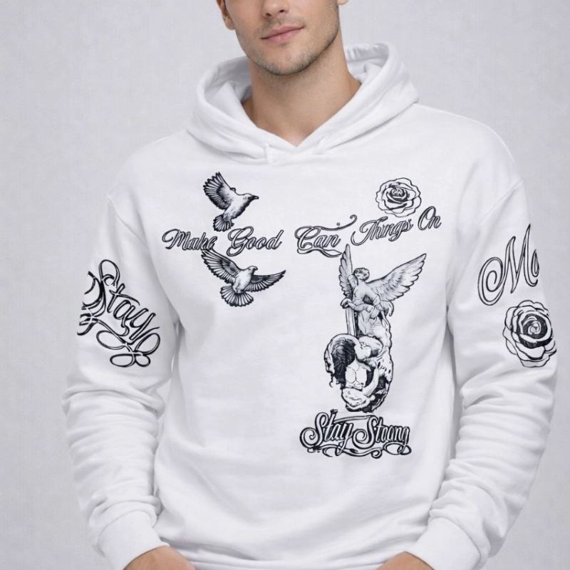Erkek 3 İplik Pamuklu Kapüşonlu Baskılı SweatShirt hoodie - Beyaz Erkek 3 İplik Pamuklu Kapüşonlu Baskılı SweatShirt hoodie - Beyaz