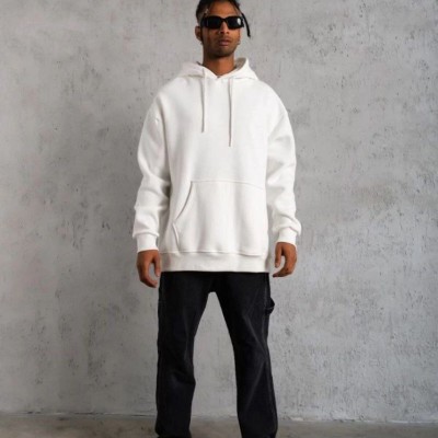 Erkek 3 İplik Pamuklu Kapüşonlu Cepli Düz Oversize Hoodie Sweatshirt - Beyaz Erkek 3 İplik Pamuklu Kapüşonlu Cepli Düz Oversize Hoodie Sweatshirt - Beyaz
