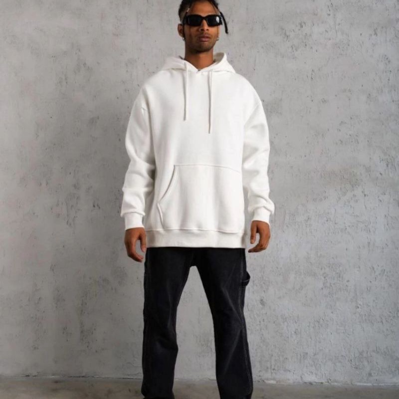 Erkek 3 İplik Pamuklu Kapüşonlu Cepli Düz Oversize Hoodie Sweatshirt - Beyaz Erkek 3 İplik Pamuklu Kapüşonlu Cepli Düz Oversize Hoodie Sweatshirt - Beyaz