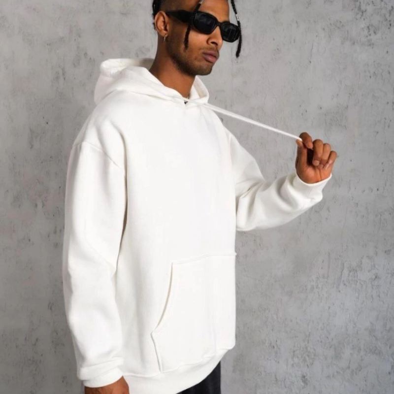 Erkek 3 İplik Pamuklu Kapüşonlu Cepli Düz Oversize Hoodie Sweatshirt - Beyaz Erkek 3 İplik Pamuklu Kapüşonlu Cepli Düz Oversize Hoodie Sweatshirt - Beyaz