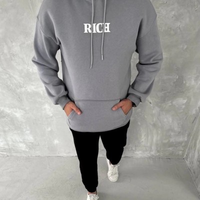 Erkek 3 İplik Pamuklu Kapüşonlu Kanguru Cepli Baskılı Oversize Hoodie Sweatshirt - Gri Erkek 3 İplik Pamuklu Kapüşonlu Kanguru Cepli Baskılı Oversize Hoodie Sweatshirt - Gri