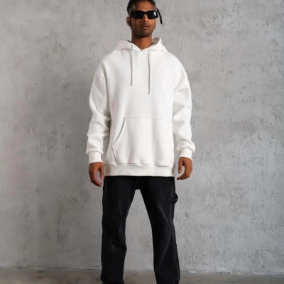 Erkek 3 İplik Pamuklu Kapüşonlu Kanguru Cepli Sweatshirt Hoodie - Beyaz Erkek 3 İplik Pamuklu Kapüşonlu Kanguru Cepli Sweatshirt Hoodie - Beyaz