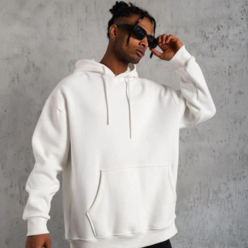 Erkek 3 İplik Pamuklu Kapüşonlu Kanguru Cepli Sweatshirt Hoodie - Beyaz