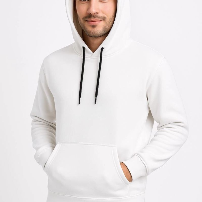 Erkek 3 İplik Pamuklu Kapüşonlu Kanguru Cepli SweatShirt hoodie - Beyaz Erkek 3 İplik Pamuklu Kapüşonlu Kanguru Cepli SweatShirt hoodie - Beyaz