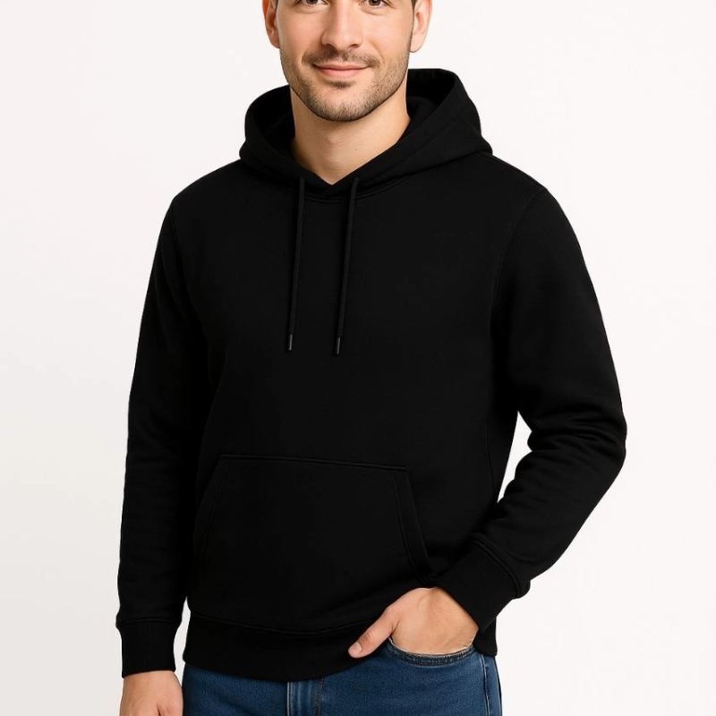 Erkek 3 İplik Pamuklu Kapüşonlu Kanguru Cepli SweatShirt hoodie - Siyah Erkek 3 İplik Pamuklu Kapüşonlu Kanguru Cepli SweatShirt hoodie - Siyah