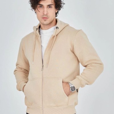 Erkek 3 İplik Pamuklu Kapüşonlu Tam Fermuarlı Cepli Hoodie Sweatshirt - Bej