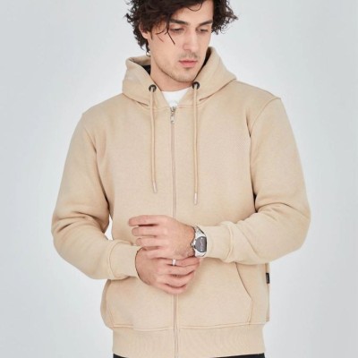 Erkek 3 İplik Pamuklu Kapüşonlu Tam Fermuarlı Cepli Hoodie Sweatshirt - Bej