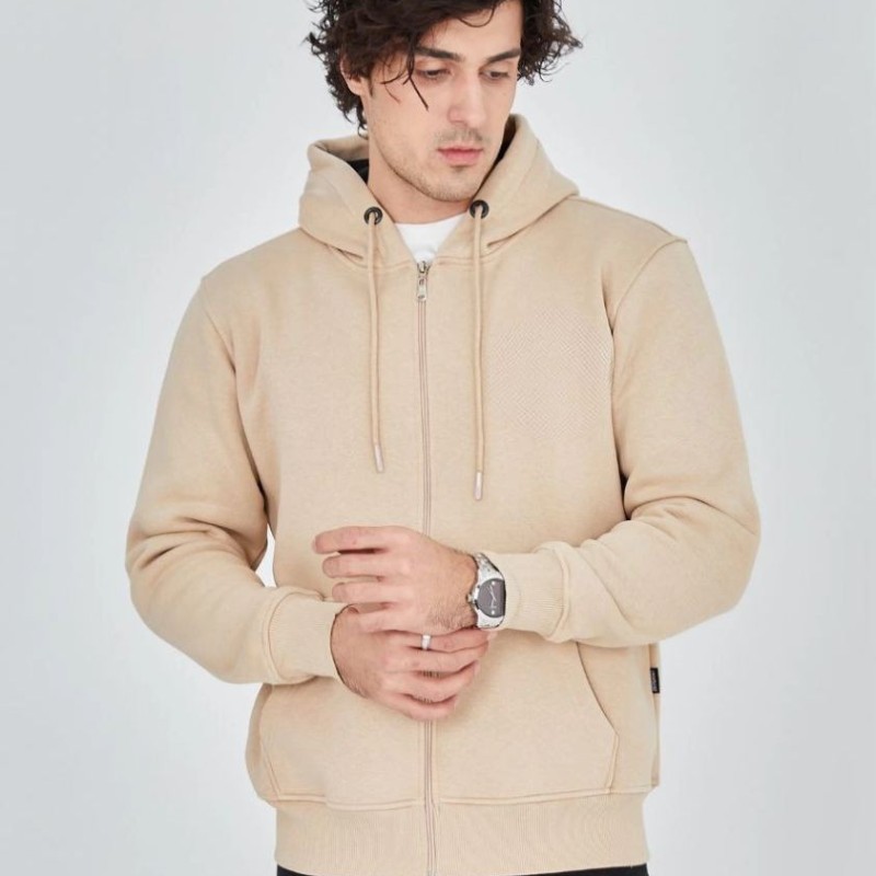 Erkek 3 İplik Pamuklu Kapüşonlu Tam Fermuarlı Cepli Hoodie Sweatshirt - Bej