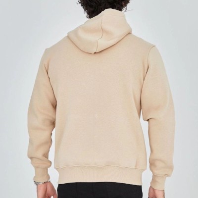 Erkek 3 İplik Pamuklu Kapüşonlu Tam Fermuarlı Cepli Hoodie Sweatshirt - Bej