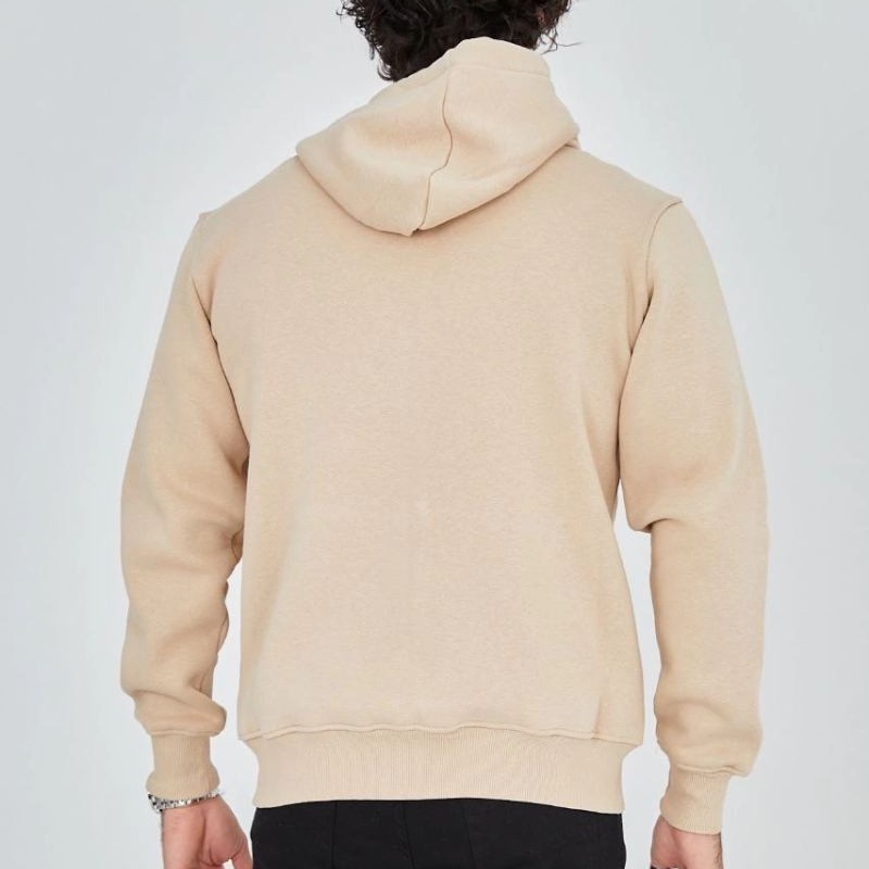 Erkek 3 İplik Pamuklu Kapüşonlu Tam Fermuarlı Cepli Hoodie Sweatshirt - Bej