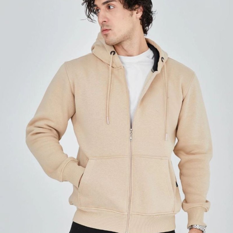 Erkek 3 İplik Pamuklu Kapüşonlu Tam Fermuarlı Cepli Hoodie Sweatshirt - Bej