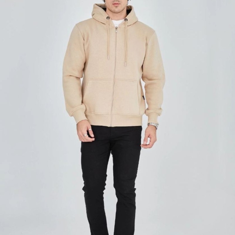 Erkek 3 İplik Pamuklu Kapüşonlu Tam Fermuarlı Cepli Hoodie Sweatshirt - Bej