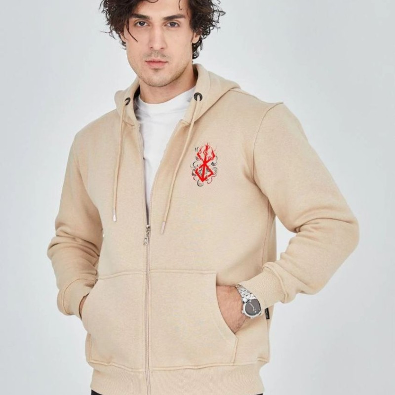 Erkek 3 İplik Pamuklu Kapüşonlu Tam Fermuarlı Cepli Hoodie Sweatshirt - Bej